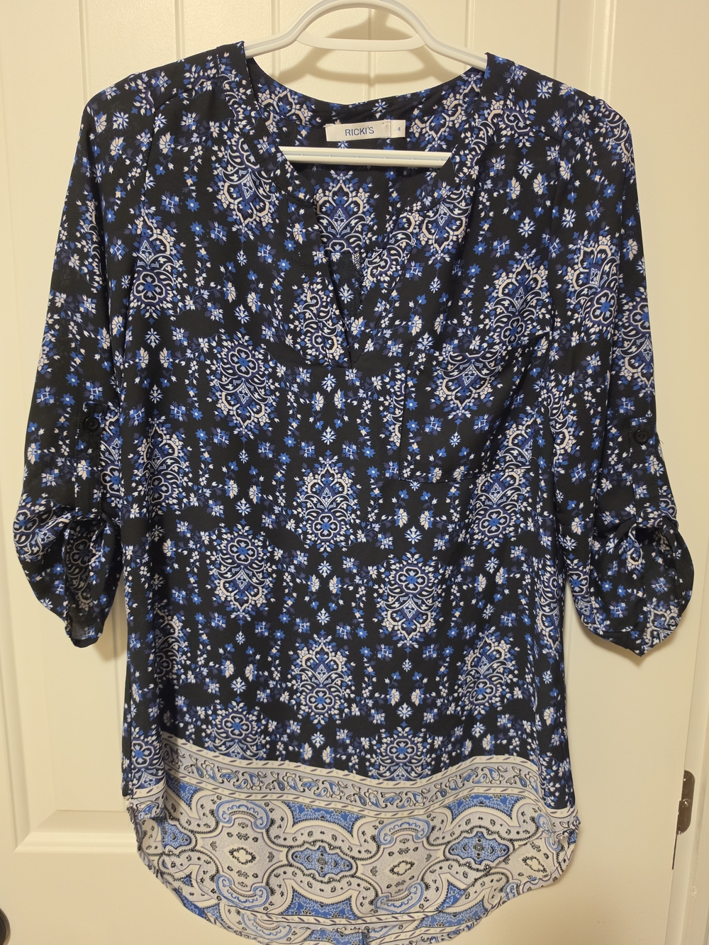 Ricki's Blue & Black Paisley Pattern Roll-Tab Sleeve Blouse